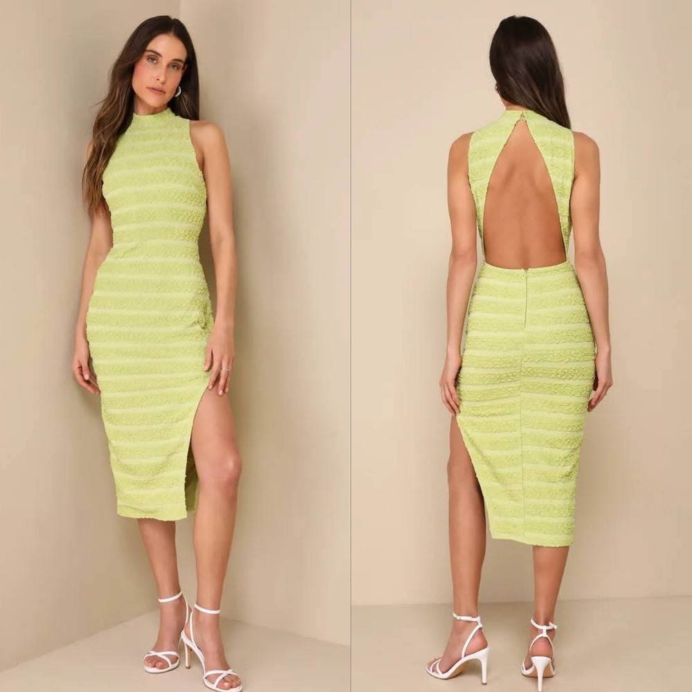 Lulus Gorgeous Delight Bodycon Dress Womens Small Lime Green Textured Midi